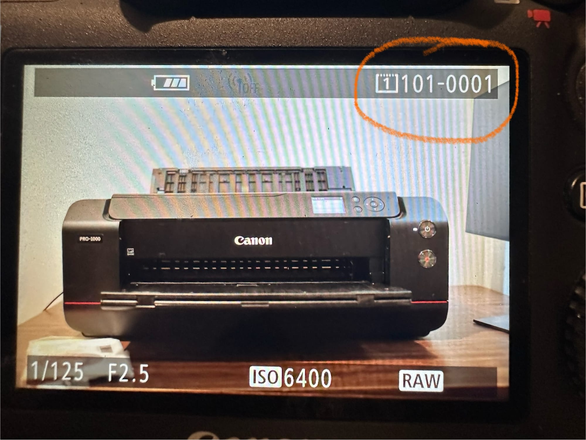 Photo of a camera's back screen, showing a photo of my printer. The file number is circled “101-0001.”