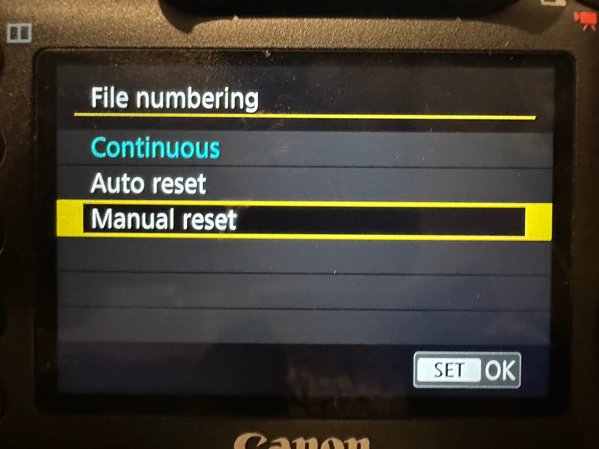 Camera settings screen that says "File numbering → Manual reset" is selected.