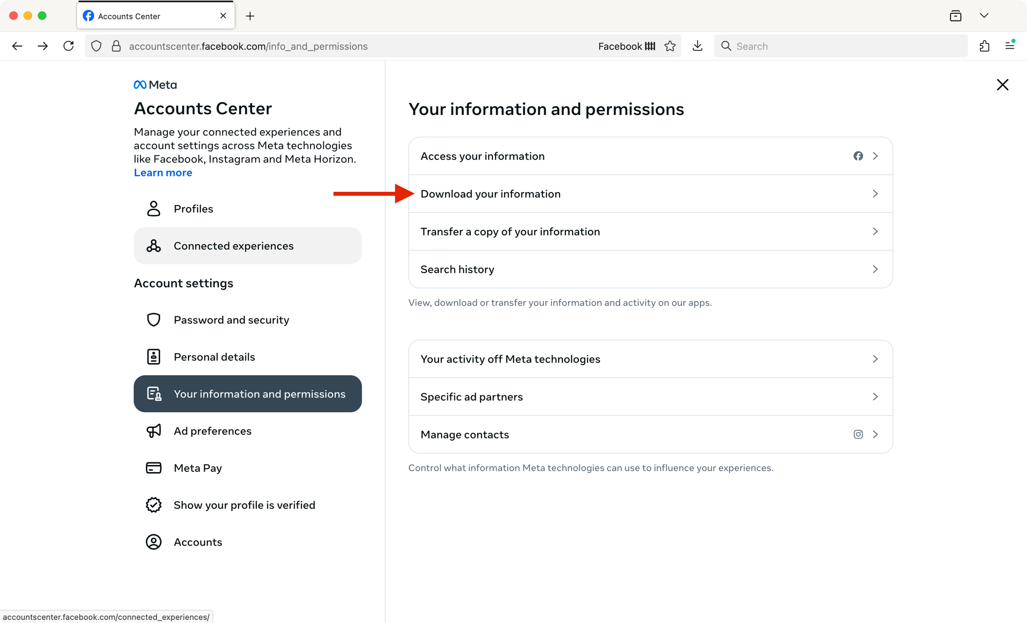 Screenshot of the Meta Accounts Center → Your information and permissions. A red arrow points at the option to "Download your information."