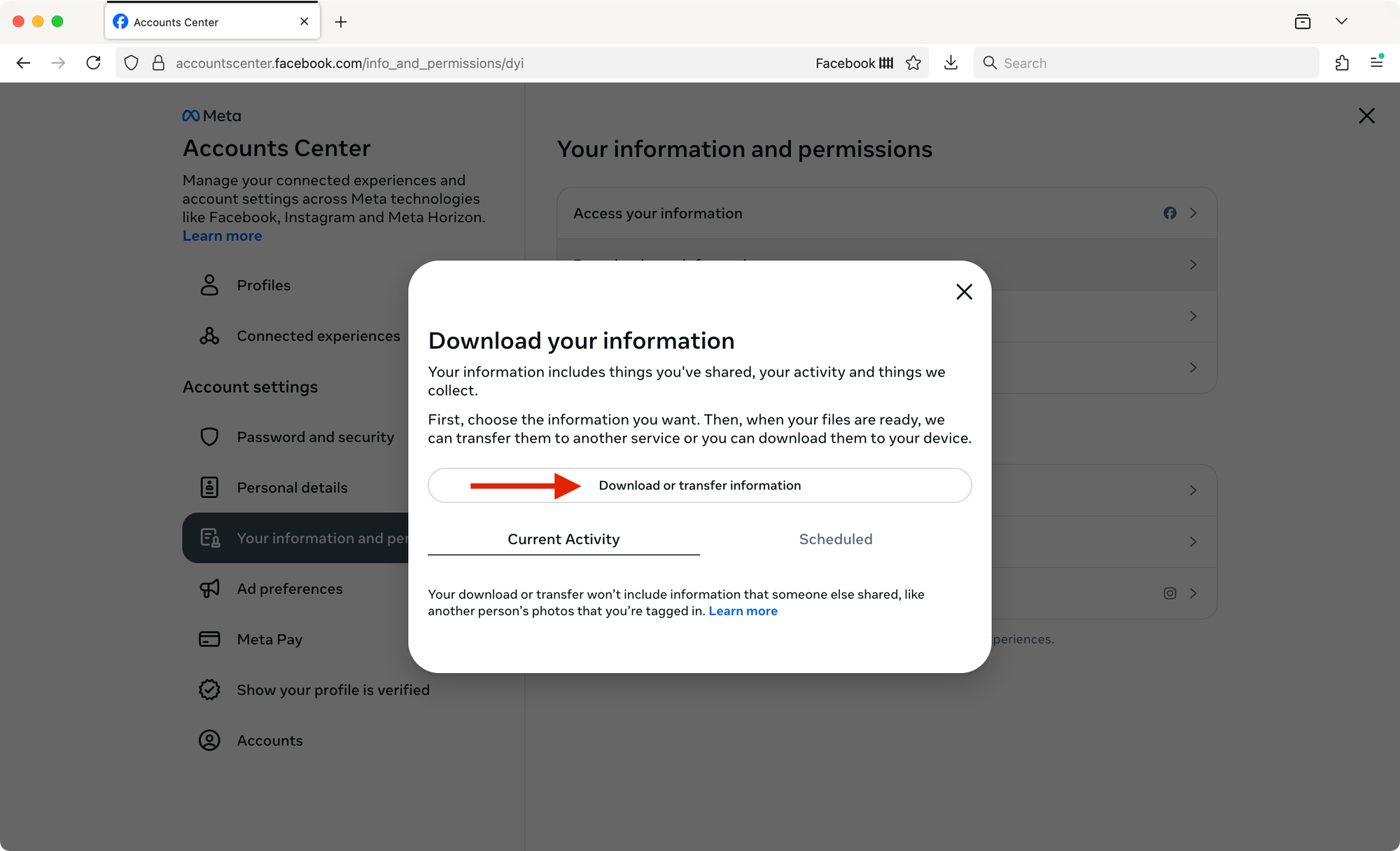 A red arrow points to a button labeled "Download or transfer information."