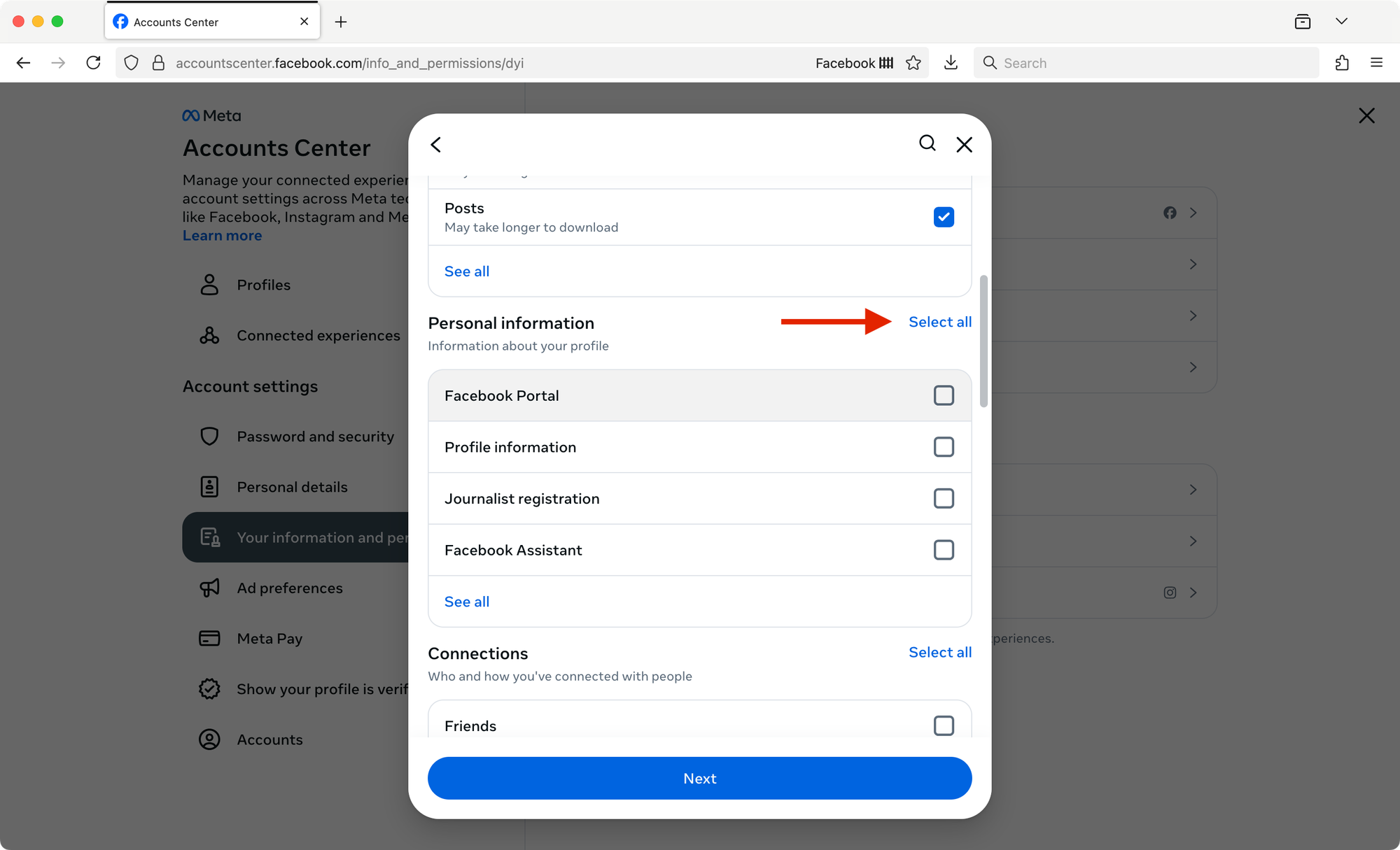 User interface for selecting types of data to include in your Facebook archive. A red arrow points at the option to Select all.