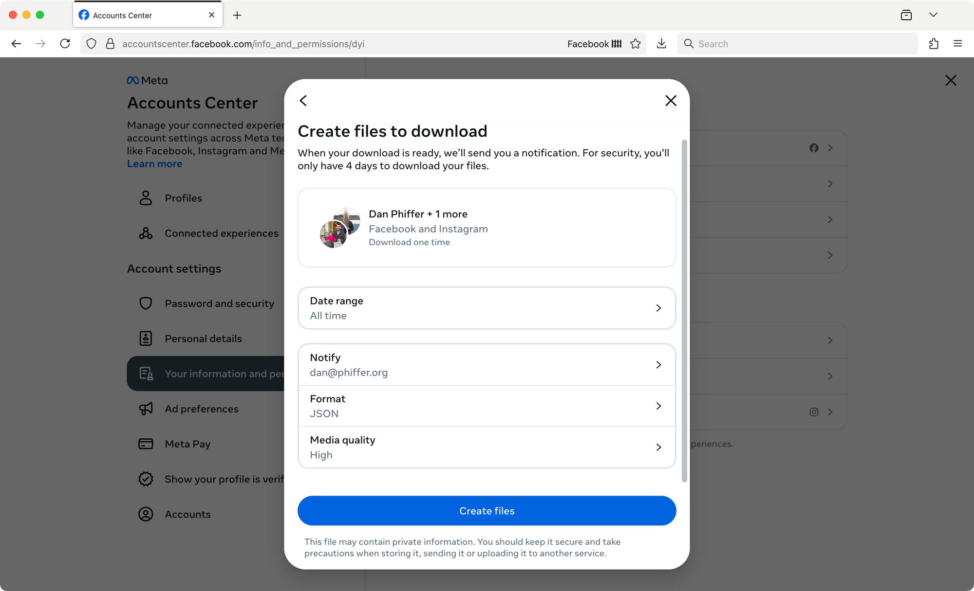 Settings for creating files to download. Date range: All time. Notify: your preferred email. Format: JSON. Media quality: High.