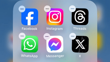 Screenshot of iOS interface for deleting apps, showing Facebook, Instagram, Threads, WhatsApp, Messenger, and X.